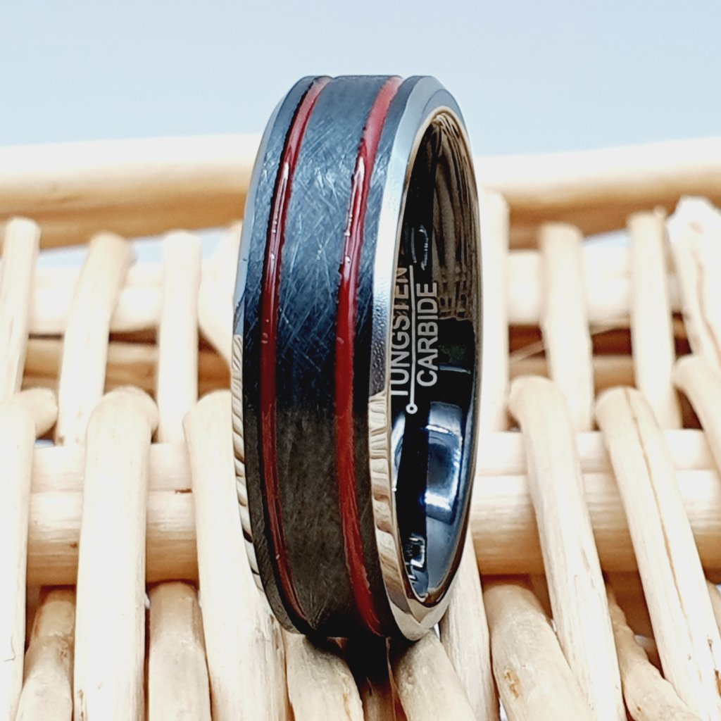 Unisex Tungsten Carbide Ring With Red Inlays And Polished Finish W911